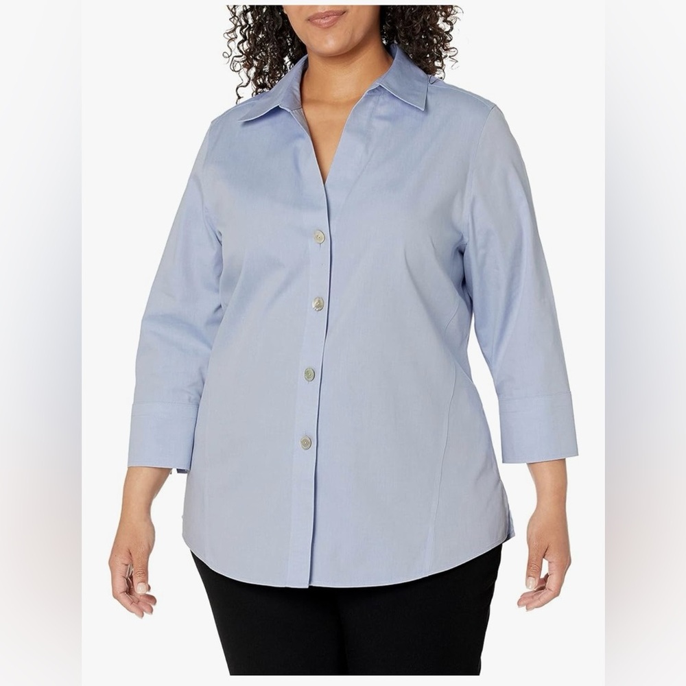 Foxcroft NUC Oxford 3/4 Sleeve Non Iron Stretch Blue Button-Down Shirt Sz 16W